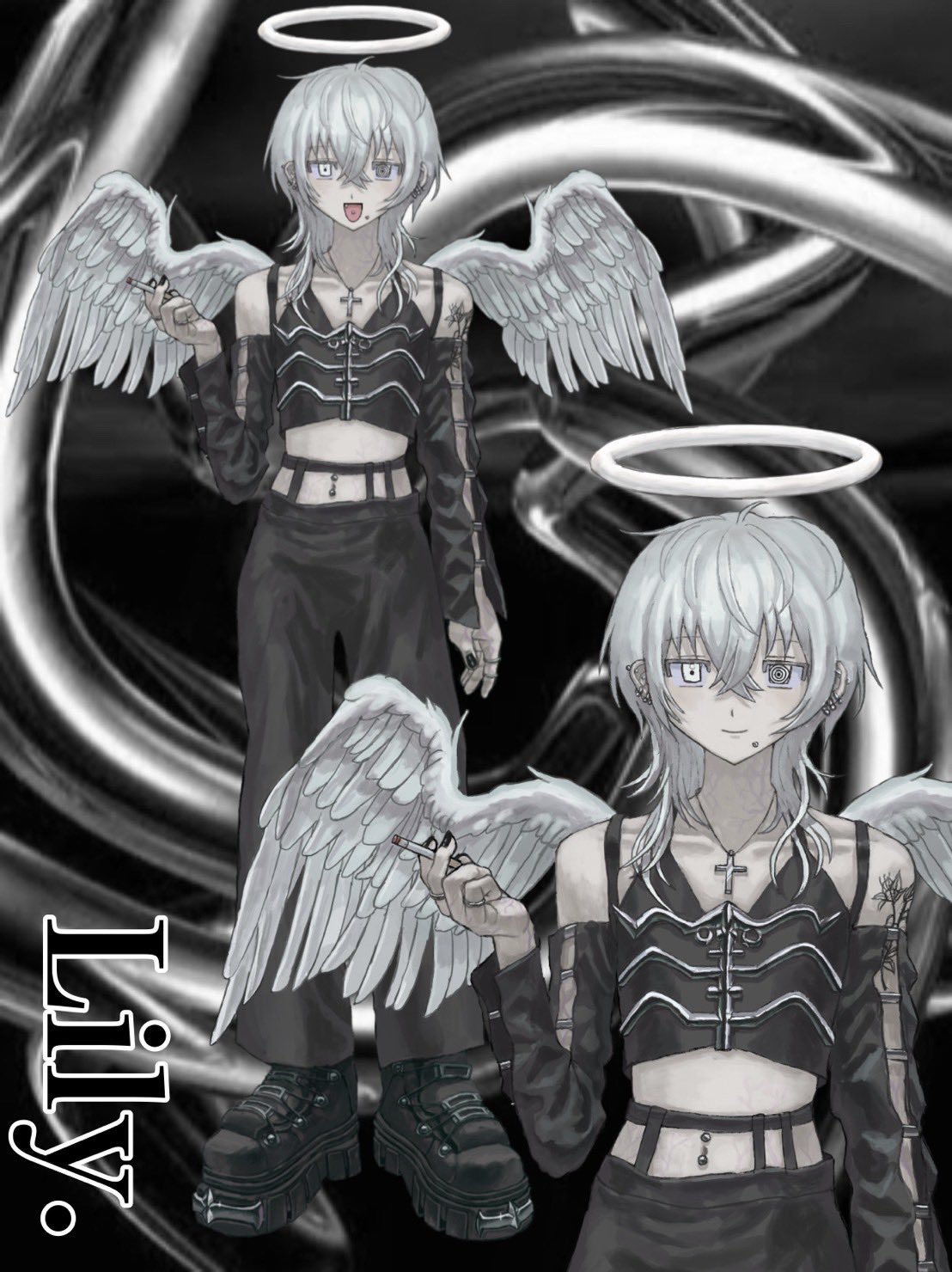 1other abstract_background angel angel_wings black_footwear black_nails black_pants black_sleeves black_vest cigarette detached_sleeves feathered_wings halo heterochromia highres holding holding_cigarette open_mouth original pants shoes vest white_eyes white_hair white_halo white_wings wings yuutsu_(umrs8555)