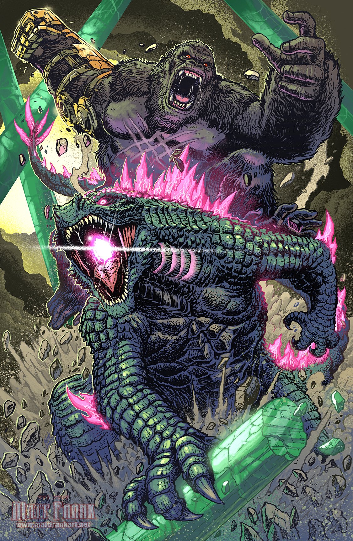 animal ape b.e.a.s.t_glove battle bioluminescence black_fur claws elbow_spikes fangs gauntlets giant giant_monster gills glowing glowing_mouth godzilla godzilla_(monsterverse) godzilla_evolved godzilla_x_kong:_the_new_empire gorilla highres jaw kaijuu king_kong king_kong_(series) kong:_skull_island kong_(monsterverse) long_tail looking_at_viewer matt_frank monster monsterverse muscular no_humans open_mouth oversized_animal reptile reptilian riding roaring scales sharp_teeth single_gauntlet spiked_tail spines tail teeth yellow_eyes