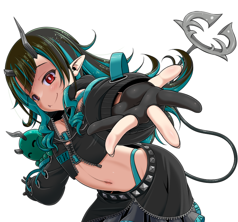 1girl belt belt_bra black_gloves black_hair black_jacket black_skirt blue_belt blue_hair blue_panties blunt_bangs blush chest_belt closed_mouth commentary cowboy_shot cropped_jacket demon_girl demon_horns demon_tail fang flat_chest gloves grey_skirt highleg highleg_panties horns jacket layered_skirt long_hair long_sleeves looking_at_viewer medium_bangs midriff miso_panda multicolored_hair nanashi_inc. navel open_clothes open_jacket panties partially_fingerless_gloves pointy_ears reaching reaching_towards_viewer red_eyes shishio_chris shishio_chris_(1st_costume) simple_background skirt smile solo tail transparent_background two-tone_hair underwear virtual_youtuber zipper zipper_skirt