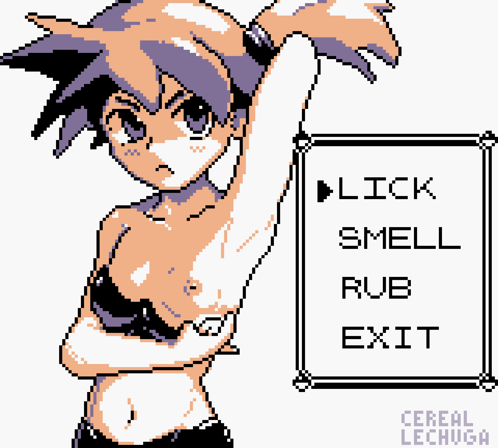 1girl angry annoyed arm_behind_head arm_under_breasts armpits arrow_(symbol) artist_name bandeau bandeau_pull black_bandeau black_pants blush breasts cerealxs closed_mouth collarbone commentary dialogue_box embarrassed english_commentary english_text fake_screenshot flashing frown groin hair_tie highres looking_at_viewer midriff misty_(pokemon) monochrome navel nipples orange_hair pants pixel_art pokemon pulled_by_self sepia short_hair side_ponytail signature simple_background small_breasts solo upper_body v-shaped_eyebrows white_background