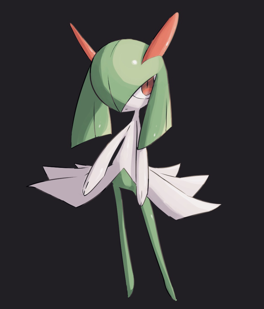 black_background colored_skin green_hair hair_over_one_eye horns kirlia looking_at_viewer multicolored_skin nullma pink_eyes pokemon pokemon_(creature) serious sidelocks simple_background two-tone_skin white_skin