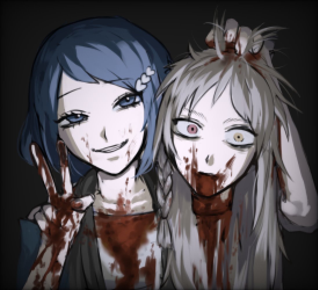 1boy 1girl anchiki_shou arm_up bad_id bad_twitter_id black_background blood blood_drip blood_on_clothes blood_on_face blue_eyes blue_hair braid constricted_pupils grey_hair guro hand_up heterochromia holding_head long_hair looking_at_viewer open_mouth pretty_rhythm pretty_series red_eyes rinne_(pretty_rhythm) severed_head shine_(pretty_series) short_hair side_braid smile teeth upper_body v yellow_eyes