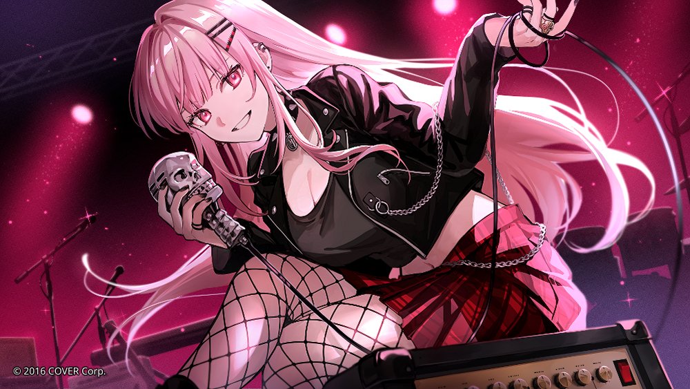 1girl alternate_costume black_jacket cable ear_piercing fishnets hkina7 holding holding_cable holding_microphone hololive hololive_english jacket long_hair looking_at_viewer microphone mori_calliope navel official_art parted_lips piercing pink_eyes pink_hair red_skirt sitting skirt speaker stage virtual_youtuber
