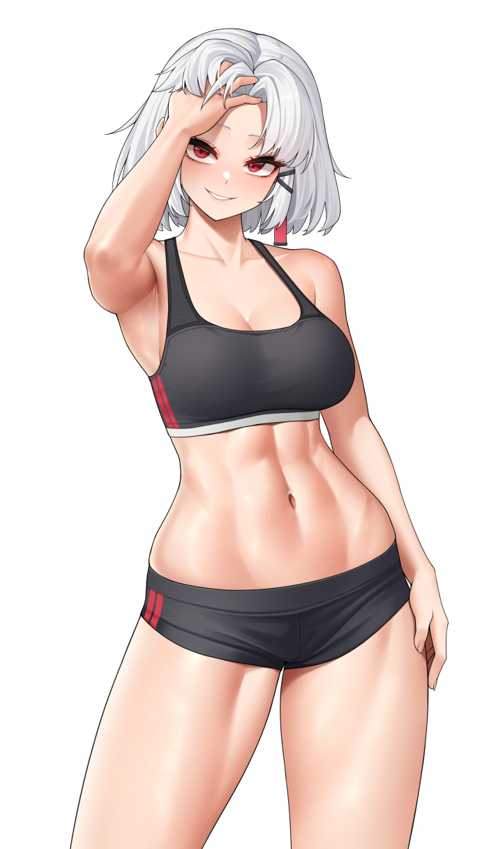 1girl abs black_shorts black_sports_bra breasts cleavage commentary drake_(nikke) goddess_of_victory:_nikke highres looking_at_viewer navel red_eyes short_hair short_shorts shorts simple_background smile solo sports_bra thighs wei_xiao white_background white_hair