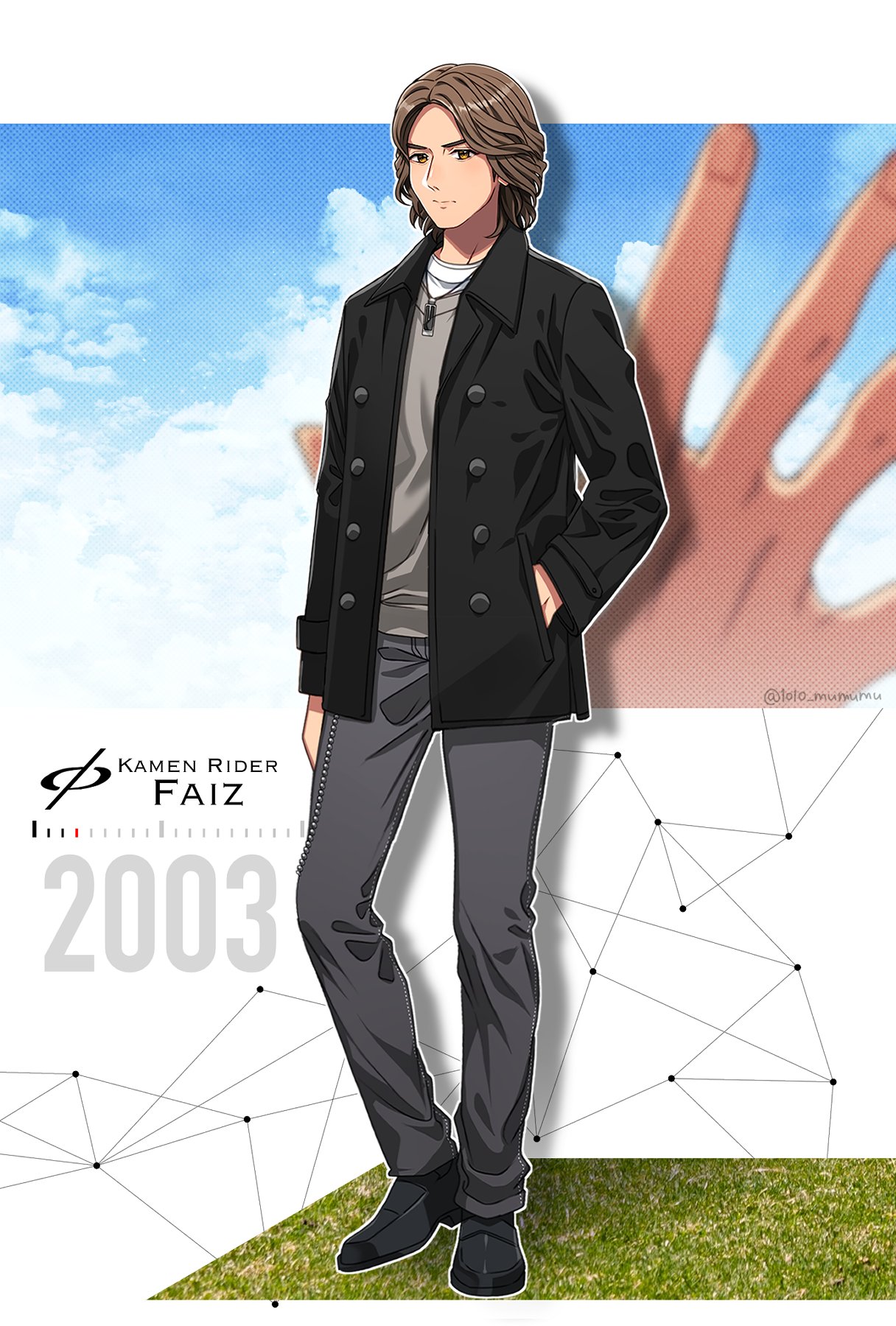 1010_mumumu 1boy 2003 black_jacket blue_sky brown_hair contrapposto copyright_name dog_tags grey_pants hand_up heisei highres inui_takumi jacket kamen_rider kamen_rider_555 long_hair looking_at_viewer male_focus pants shirt shoes sky solo standing undershirt white_shirt yellow_eyes