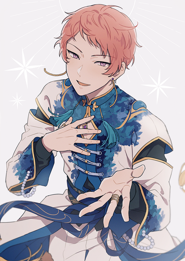 1boy beads commentary_request cowboy_shot earrings ensemble_stars! fingernails grey_background hand_on_own_chest itsuki_shu jewelry korean_commentary long_sleeves looking_at_viewer male_focus open_mouth outstretched_hand pink_hair purple_eyes ring round_o0 short_bangs short_hair solo star_(symbol)