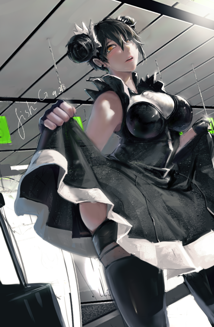 1girl agent_(girls_frontline) alternate_costume asymmetrical_hair black_gloves breasts ceiling chinese_commentary commentary_request dated day double_bun dress dress_lift fingerless_gloves fish_g from_below girls_frontline gloves indoors large_breasts lips open_mouth orange_eyes signature sketch solo thighs