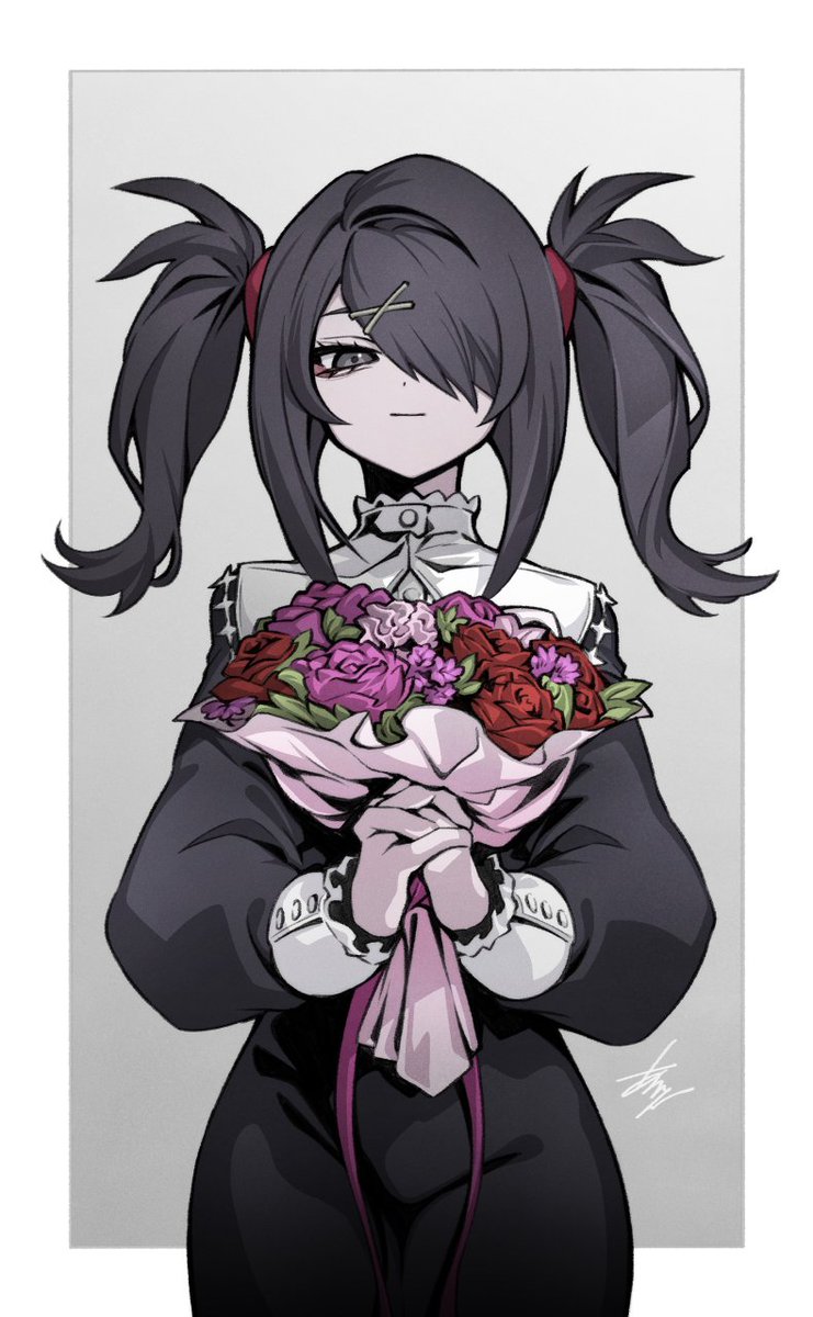1girl ame-chan_(needy_girl_overdose) arikanrobo black_dress black_hair border bouquet closed_mouth collared_dress cowboy_shot dress flower hair_ornament hair_over_one_eye highres holding holding_bouquet interlocked_fingers long_hair long_sleeves looking_at_viewer needy_girl_overdose outside_border own_hands_together pink_flower pink_rose red_flower red_rose rose signature smile solo standing twintails white_border x_hair_ornament
