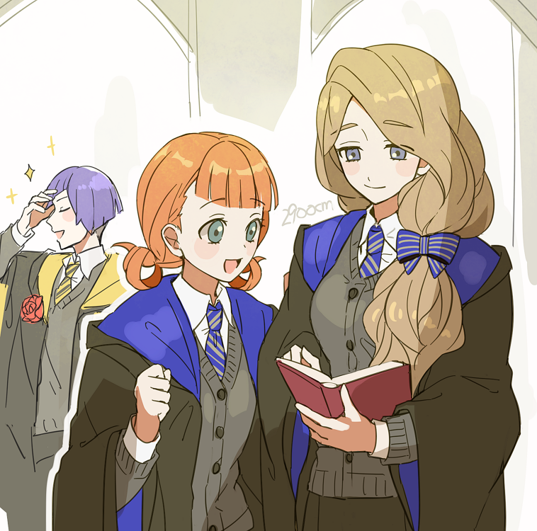 1boy 2900cm 2girls annette_fantine_dominic artist_name blonde_hair blue_eyes book bow closed_eyes closed_mouth fire_emblem fire_emblem:_three_houses green_eyes hair_bow harry_potter hogwarts_school_uniform holding holding_book hufflepuff long_hair long_sleeves lorenz_hellman_gloucester low_ponytail mercedes_von_martritz multiple_girls necktie open_book open_mouth orange_hair purple_hair ravenclaw school_uniform short_hair smile twintails uniform wide_sleeves