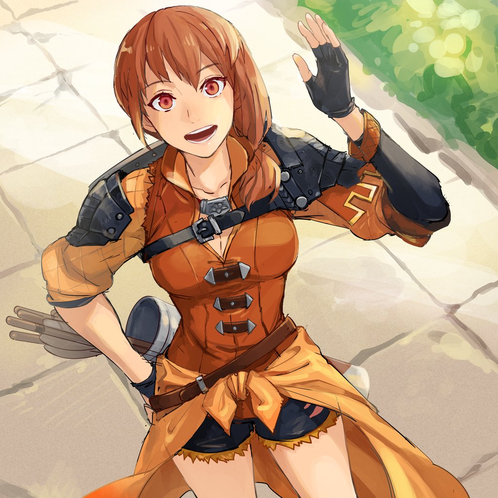 1girl arrow belt black_gloves bracelet breasts cleavage cowboy_shot day fingerless_gloves fire_emblem fire_emblem:_three_houses frayed_clothes from_above gloves hand_on_hip jewelry leonie_pinelli looking_at_viewer looking_up medium_breasts medium_hair mikami open_mouth orange_eyes orange_hair outdoors quiver shield shirt short_shorts shorts shoulder_armor side_ponytail smile solo thighs waist_cape waving