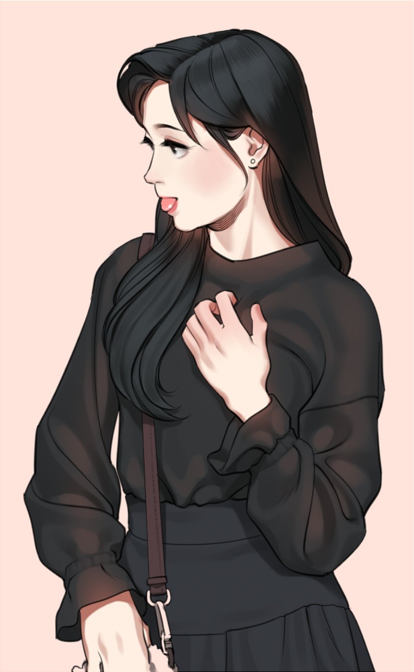 1girl bag black_hair black_shirt black_skirt blush earrings eyelashes hand_on_own_chest highres jewelry lips long_hair long_sleeves looking_away looking_to_the_side lovelyz pink_background profile real_life revolmxd seo_jisoo shirt shoulder_bag simple_background skirt solo tongue tongue_out