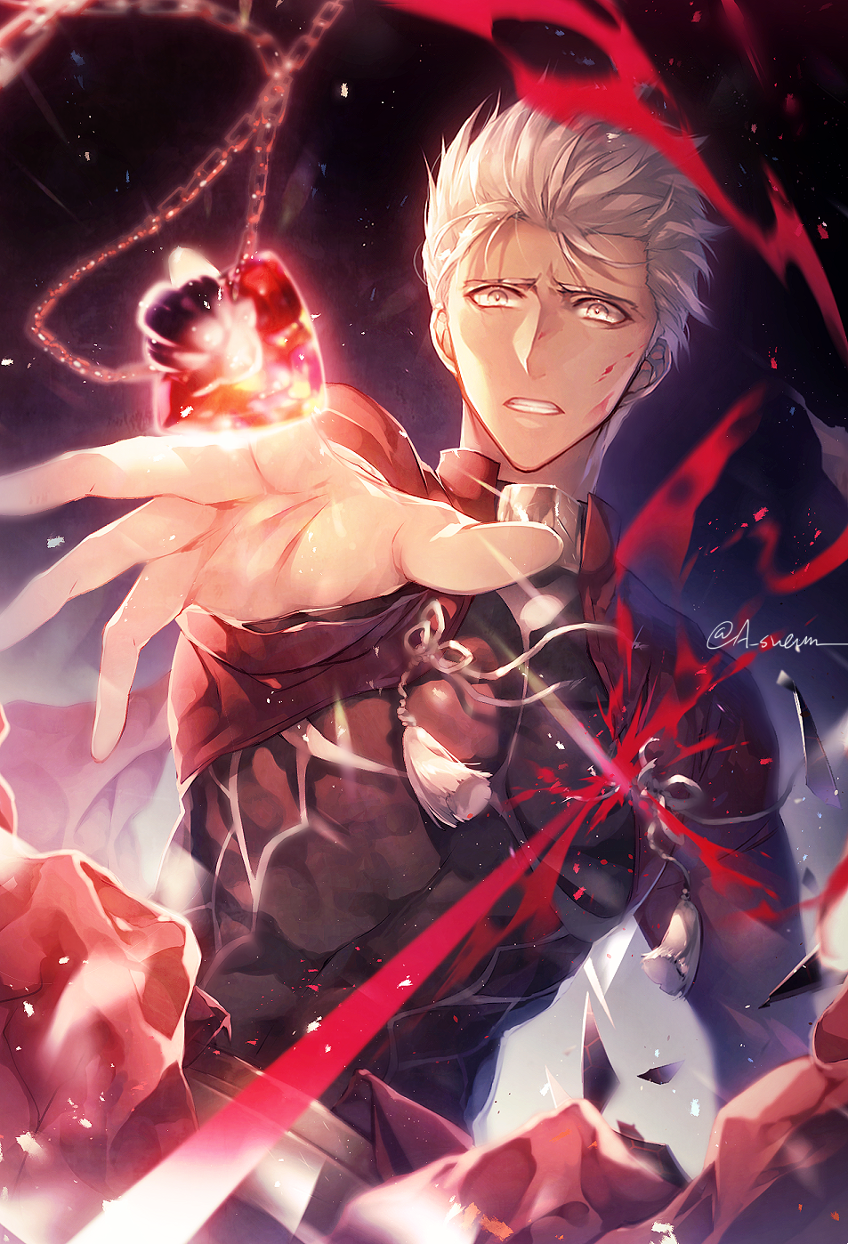 1boy archer armor blood blood_on_face collar dark_background dark_skin dark_skinned_male facing_viewer fate/stay_night fate_(series) grey_hair h_sueun highres injury jacket jewelry long_sleeves male_focus open_mouth pendant ruby_(gemstone) solo teeth unlimited_blade_works upper_body white_hair