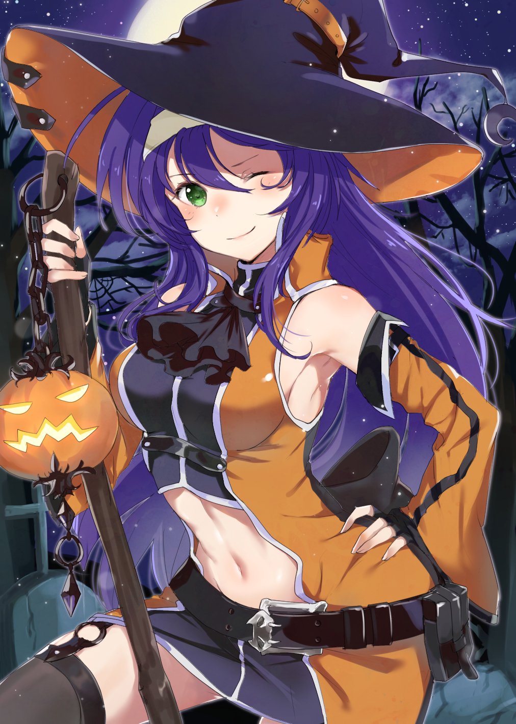 1girl armpits bare_shoulders black_gloves blue_hair breasts closed_mouth detached_sleeves fingerless_gloves fire_emblem fire_emblem:_path_of_radiance fire_emblem_heroes gloves green_eyes hairband halloween_costume haru_(nakajou-28) hat highres jack-o'-lantern long_hair long_sleeves mia_(fire_emblem) midriff moon navel night night_sky one_eye_closed outdoors sky smile solo star_(sky) tree white_hairband witch_hat