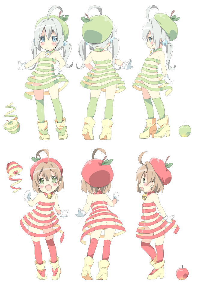 2girls :d ahoge apple apple_peel ass bare_shoulders blush breasts brown_hair chibi commentary_request food fruit gloves green_eyes looking_at_viewer multiple_girls multiple_views neneko-n open_mouth original personification red_legwear short_hair simple_background small_breasts smile thighhighs white_background white_gloves