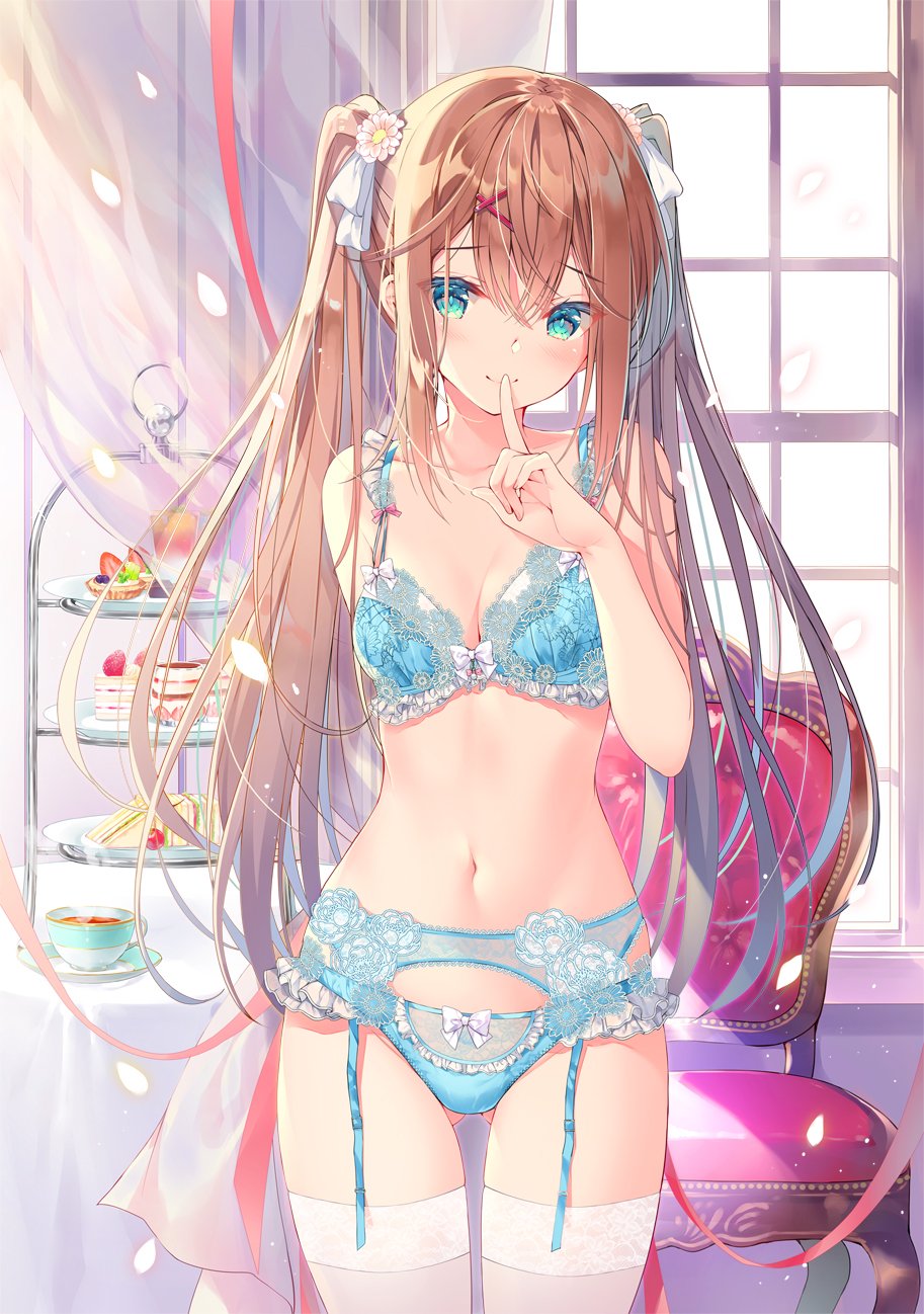 1girl aqua_eyes ass_visible_through_thighs bare_arms bare_shoulders blue_bra blue_panties bra breasts brown_hair cake chair cleavage closed_mouth collarbone commentary cowboy_shot cup curtains finger_to_mouth flower food frills garter_belt hair_flower hair_ornament hair_ribbon highres index_finger_raised indoors lace lace-trimmed_bra lace-trimmed_garter_belt lace-trimmed_legwear lace-trimmed_panties lace_trim lingerie long_hair looking_at_viewer medium_breasts miwabe_sakura navel original panties petals ribbon rose saucer shushing slice_of_cake smile solo stomach table tea teacup thighhighs tiered_tray twintails underwear underwear_only white_legwear window x_hair_ornament