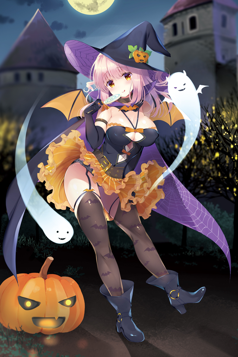 1girl bat_wings black_footwear black_gloves black_headwear black_panties blurry blurry_background boots breasts brown_legwear candy cape cleavage cleavage_cutout cloud commentary_request depth_of_field elbow_gloves food frilled_skirt frills full_moon garter_straps ghost gloves halloween hat high_heel_boots high_heels highres holding holding_food holding_lollipop jack-o'-lantern large_breasts lollipop moon navel navel_cutout night night_sky o-ring orange_skirt original outdoors panties print_cape purple_cape skirt sky solo spider_web_print striped swirl_lollipop takashina_asahi thighhighs tower underwear vertical-striped_skirt vertical_stripes wings witch_hat