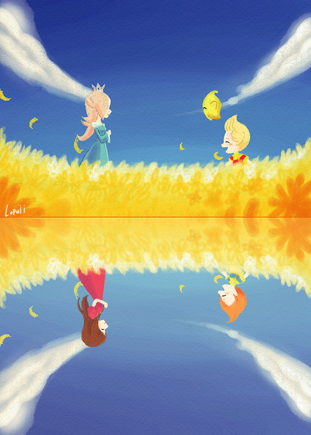2boys 2girls abstract artist_name blonde_hair blue_dress blue_sky brown_hair chiko_(mario) claus closed_eyes cloud commentary crown dress english_commentary field flower flower_field highres hinawa long_hair lopuii lucas mario_(series) mother_(game) mother_3 mother_and_son motherly multiple_boys multiple_girls multiple_views open_mouth orange_hair petals red_dress rosalina signature sky smile sunflower sunflower_petals super_mario_galaxy super_smash_bros. upside-down watermark