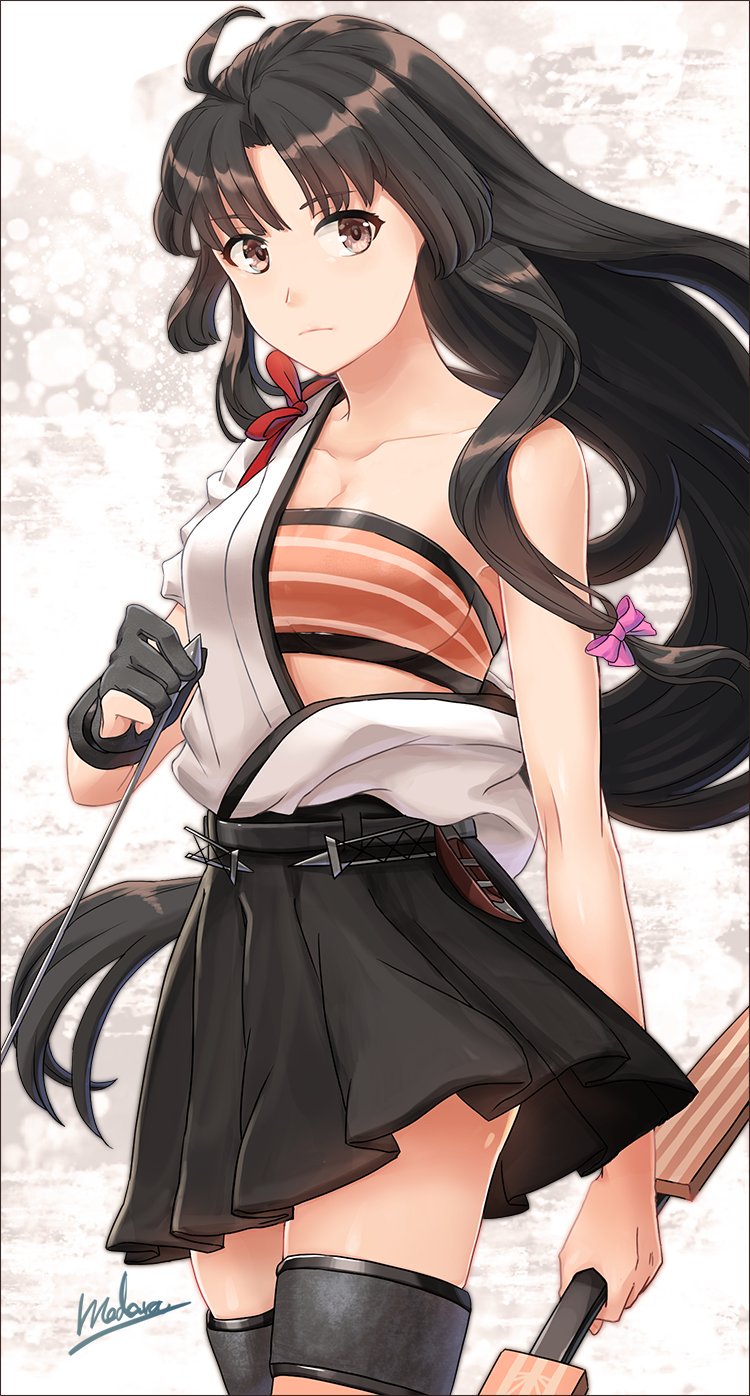 1girl ahoge arrow bandeau bangs black_gloves black_hair black_skirt blush bow_(weapon) breasts brown_eyes brown_legwear cleavage closed_mouth commentary gloves hadanugi_dousa highres holding holding_arrow holding_bow_(weapon) holding_weapon japanese_clothes kantai_collection long_hair low-tied_long_hair medara medium_breasts partly_fingerless_gloves pleated_skirt ribbon shouhou_(kantai_collection) single_glove skirt solo tasuki thighhighs twitter_username weapon white_background