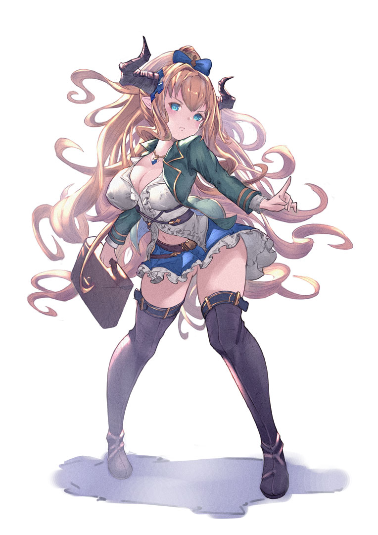 1girl ass_visible_through_thighs bangs black_footwear blonde_hair blue_bow blue_eyes blush boots bow breasts cleavage closed_mouth collarbone covered_nipples draph full_body granblue_fantasy green_jacket hair_bow horns jacket jewelry large_breasts long_hair long_sleeves looking_at_viewer navel necklace open_clothes open_jacket pointy_ears ponytail rastina school_briefcase school_uniform shirt simple_background skirt solo standing thigh_boots thighhighs very_long_hair white_background white_shirt yu_pian zettai_ryouiki