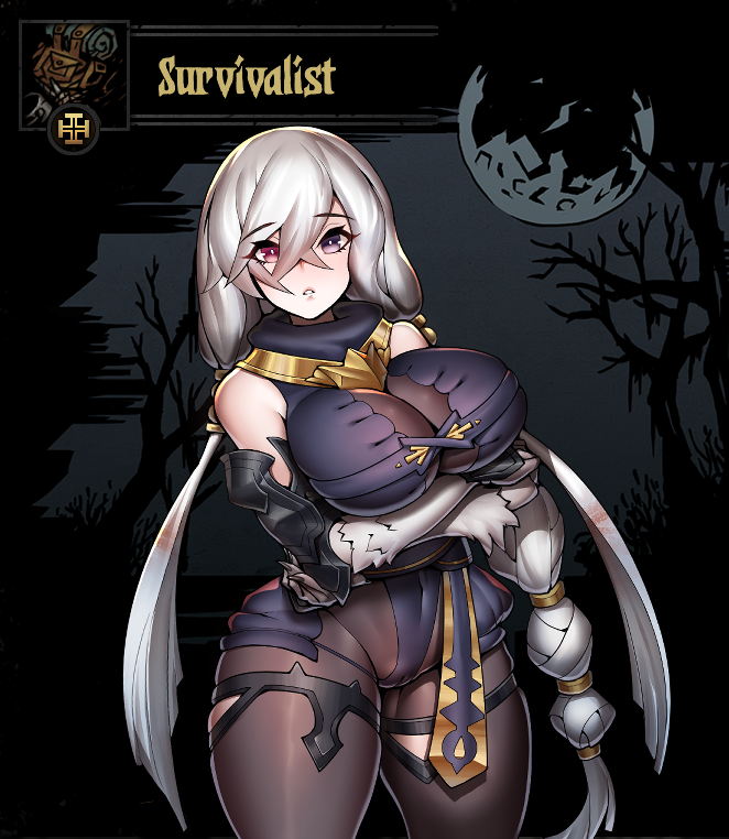 1girl atelier_(series) atelier_ryza black_background black_bodysuit bodysuit breasts cleavage cowboy_shot darkest_dungeon expressionless full_moon heterochromia large_breasts lila_decyrus long_hair looking_at_viewer moon niur parted_lips purple_eyes red_eyes solo standing twintails white_hair