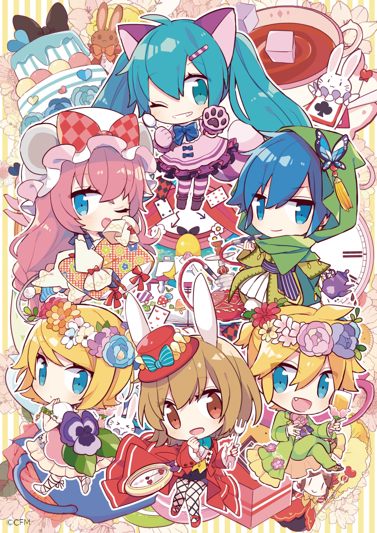 2boys 4girls animal_ears aqua_eyes aqua_hair blonde_hair blue_eyes blue_hair bow brown_hair bug bunny bunny_ears butterfly butterfly_hair_ornament cake card cat_ears cat_paws chibi commentary cosplay dessert dress_flower flower food fork gloves green_coat green_hood green_pants green_scarf green_suit hair_flower hair_ornament hat hat_bow hatsune_miku heart holding holding_fork holding_teapot hood insect kagamine_len kagamine_rin kaito long_hair megurine_luka meiko multiple_boys multiple_girls one_eye_closed open_mouth pants pantyhose paws pink_hair playing_card pocket_watch red_eyes scarf short_hair smile spiked_hair straight_hair striped striped_background striped_legwear tea_party teapot twintails very_long_hair vocaloid watch white_rabbit white_rabbit_(cosplay) yoshiki