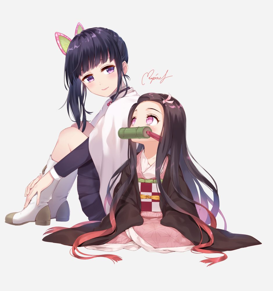 2girls age_regression bamboo bangs bit_gag black_hair black_skirt boots brown_hair butterfly_hair_ornament child cloak full_body gag gradient_hair hair_ornament hair_ribbon hand_on_ankle haori japanese_clothes kamado_nezuko kimetsu_no_yaiba kimono knees_up long_hair long_sleeves looking_at_another looking_to_the_side looking_up mouth_hold multicolored_hair multiple_girls obi pink_eyes pink_kimono pink_ribbon purple_eyes ribbon rupinesu sash seiza side_ponytail sidelocks signature simple_background sitting skirt sleeves_past_fingers sleeves_past_wrists smile tsuyuri_kanao two-tone_hair very_long_hair white_cloak younger