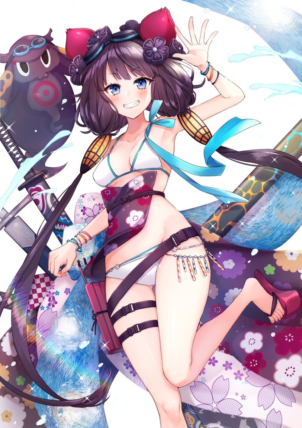 1girl akariko bangs bare_shoulders beads bikini blue_eyes blue_ribbon blush bracelet breasts calligraphy_brush commentary_request fate/grand_order fate_(series) floral_print goggles goggles_on_head grin highres jewelry katana katsushika_hokusai_(fate/grand_order) katsushika_hokusai_(swimsuit_saber)_(fate) looking_at_viewer multiple_swords obi octopus paintbrush partial_commentary pouch purple_hair ribbon sandals sash sidelocks smile swimsuit sword thigh_strap thighs tokitarou_(fate/grand_order) water weapon white_bikini