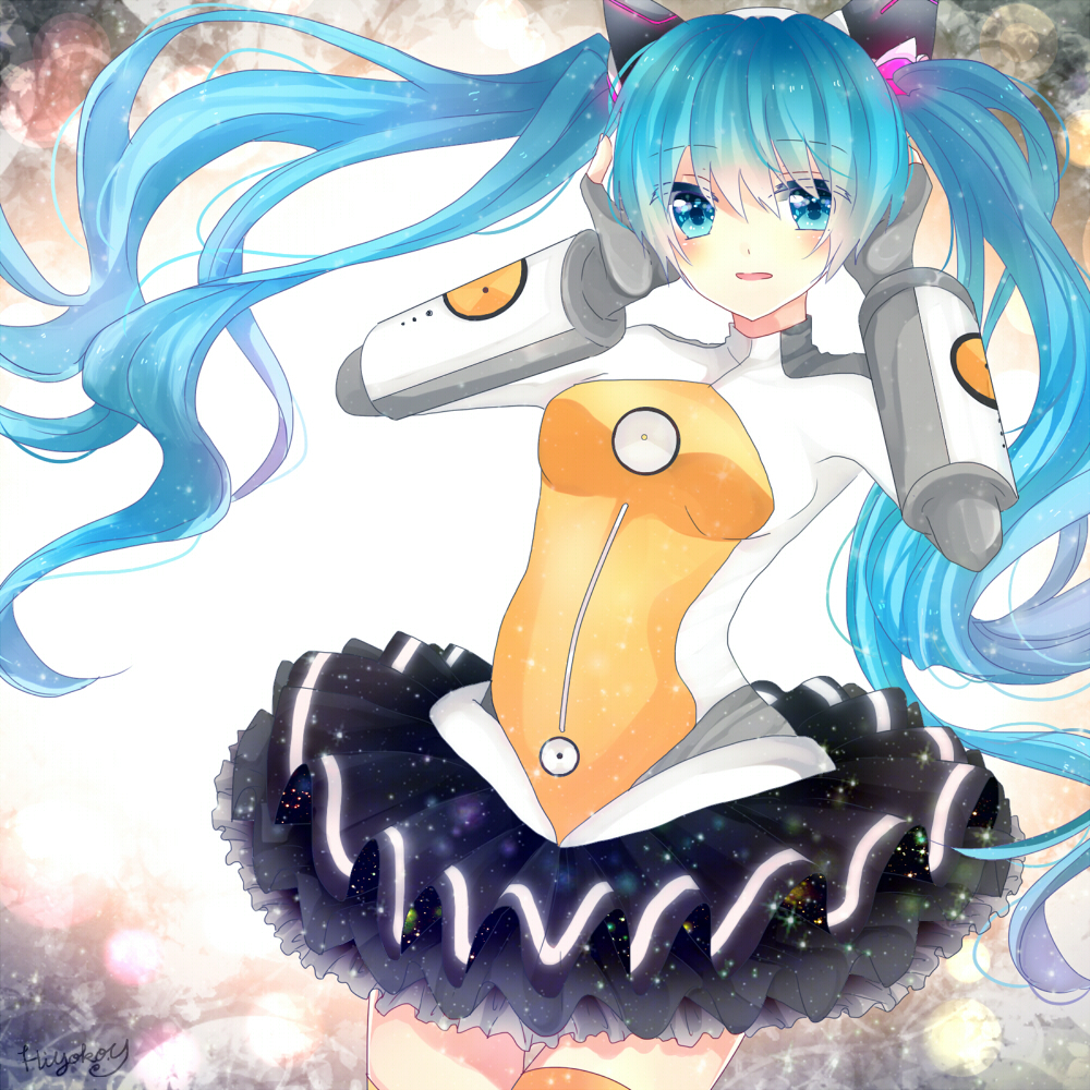 1girl black_skirt blue_eyes blue_hair bodysuit breasts commentary cowboy_shot frilled_skirt frills glowing hand_on_own_head hands_up hatsune_miku headgear kaname_monika layered_skirt long_hair multicolored multicolored_bodysuit multicolored_clothes odds_&amp;_ends_(vocaloid) parted_lips skirt small_breasts solo speaker twintails very_long_hair vocaloid