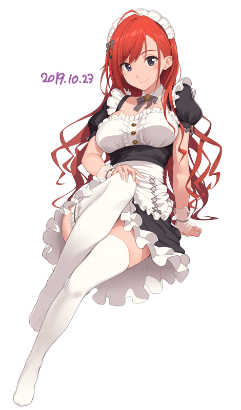 1girl alternate_costume apron arisugawa_natsuha arm_support bangs breasts brown_hair dated detached_collar enmaided frilled_skirt frills hair_ornament hair_ribbon hand_on_own_knee idolmaster idolmaster_shiny_colors invisible_chair long_hair looking_at_viewer maid maid_headdress mofu no_shoes orange_hair puffy_short_sleeves puffy_sleeves purple_eyes red_eyes ribbon short_sleeves simple_background sitting skirt smile solo thighhighs underbust waist_apron wavy_hair white_background white_legwear wrist_cuffs