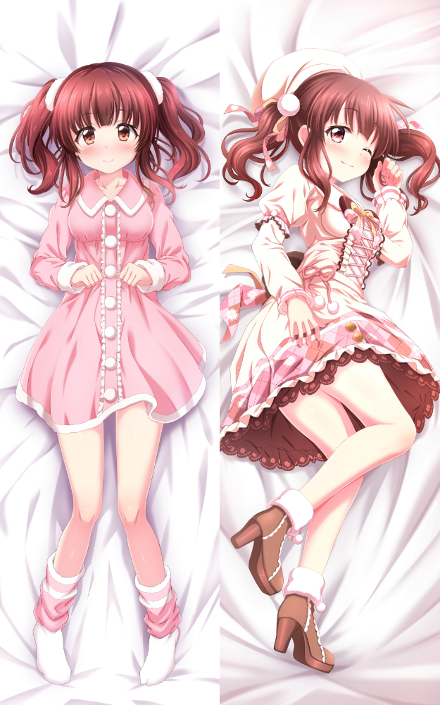 1girl ;) ayase_midori bangs bed_sheet beret blush boots breasts brown_footwear brown_hair closed_mouth commentary_request dakimakura dress eyebrows_visible_through_hair fur-trimmed_boots fur_trim hand_up hat high_heel_boots high_heels idolmaster idolmaster_cinderella_girls long_sleeves lying multiple_views no_shoes ogata_chieri on_back on_side one_eye_closed pink_dress puffy_short_sleeves puffy_sleeves red_eyes short_over_long_sleeves short_sleeves small_breasts smile socks twintails white_dress white_headwear white_legwear