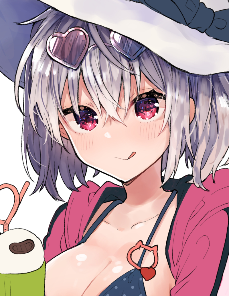 1girl :q angel_chromosome_xx bikini black_bikini breasts cleavage closed_mouth collarbone cup drinking_straw eyewear_on_head hair_between_eyes hat heart heart-shaped_eyewear hood hood_down hooded_jacket ikeuchi_tanuma jacket large_breasts long_hair looking_at_viewer mug neon_genesis_evangelion open_clothes open_jacket pink_jacket polka_dot portrait red_eyes sidelocks silver_hair simple_background smile solo sun_hat swimsuit tabris-xx tongue tongue_out twintails white_background white_headwear