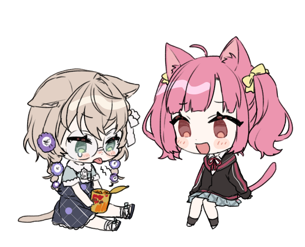 2girls :d achikita_chinami ahoge animal_ear_fluff animal_ears bangs black_dress black_jacket black_legwear blush bow brown_eyes brown_hair cat_ears cat_girl cat_tail chibi closed_mouth dress eyebrows_visible_through_hair flower glasses green_eyes green_shirt grey_skirt hair_between_eyes hair_bow hair_flower hair_ornament holding jacket kemonomimi_mode long_hair long_sleeves multiple_girls neck_ribbon nijisanji open_mouth pink_hair pleated_skirt purple_flower red_ribbon ribbon shirt short_sleeves simple_background sitting skirt sleeves_past_wrists smile socks tail tears tongue tongue_out twintails virtual_youtuber white_background white_footwear white_shirt yaguruma_rine yamabukiiro yellow_bow