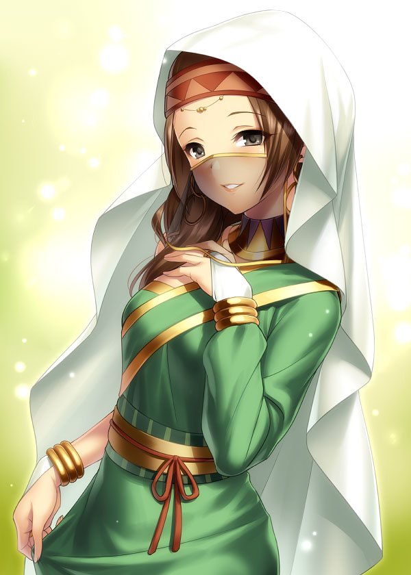 1girl arabian_clothes backlighting bangs blush bracelet breasts brown_hair cape dress fate/grand_order fate_(series) green_background green_dress grey_eyes hairband hood hooded_cape jewelry long_hair long_sleeves looking_at_viewer obi parted_bangs parted_lips sash siduri_(fate/grand_order) single_sleeve small_breasts smile veil zen