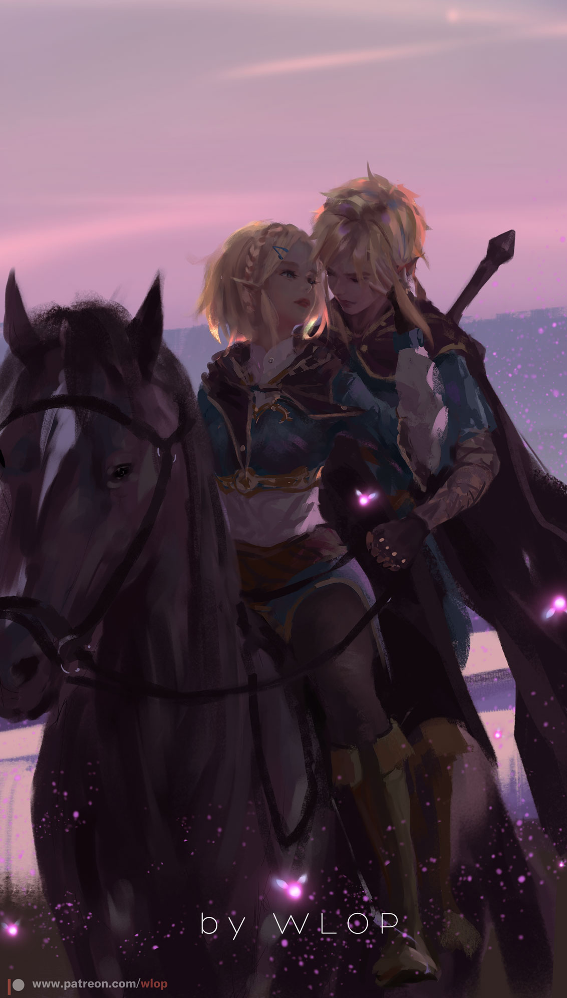 1boy 1girl artist_name blonde_hair boots braid brown_footwear brown_gloves cape commentary crown_braid english_commentary fairy fingerless_gloves gloves hair_ornament hairclip highres hood hooded_cape horse light_particles link looking_at_another pointy_ears princess_zelda riding saddle short_hair sword the_legend_of_zelda the_legend_of_zelda:_breath_of_the_wild the_legend_of_zelda:_breath_of_the_wild_2 weapon weapon_on_back wlop