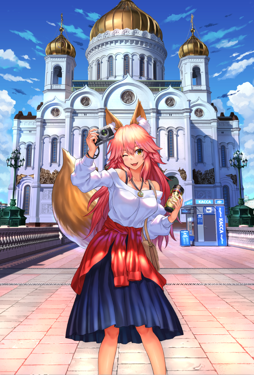 1girl ;3 ;d animal_ear_fluff animal_ears arm_up bangs bare_shoulders blue_skirt blue_sky breasts brown_eyes building camera clothes_around_waist cloud commentary_request day eyebrows_visible_through_hair fang fate/extra fate_(series) fox_ears fox_girl fox_tail hair_between_eyes highres holding holding_camera lamppost long_hair medium_breasts npcpepper off-shoulder_shirt off_shoulder one_eye_closed open_mouth outdoors pink_hair pleated_skirt real_world_location russia shirt skirt sky smile solo standing tail tamamo_(fate)_(all) tamamo_no_mae_(fate) very_long_hair white_shirt