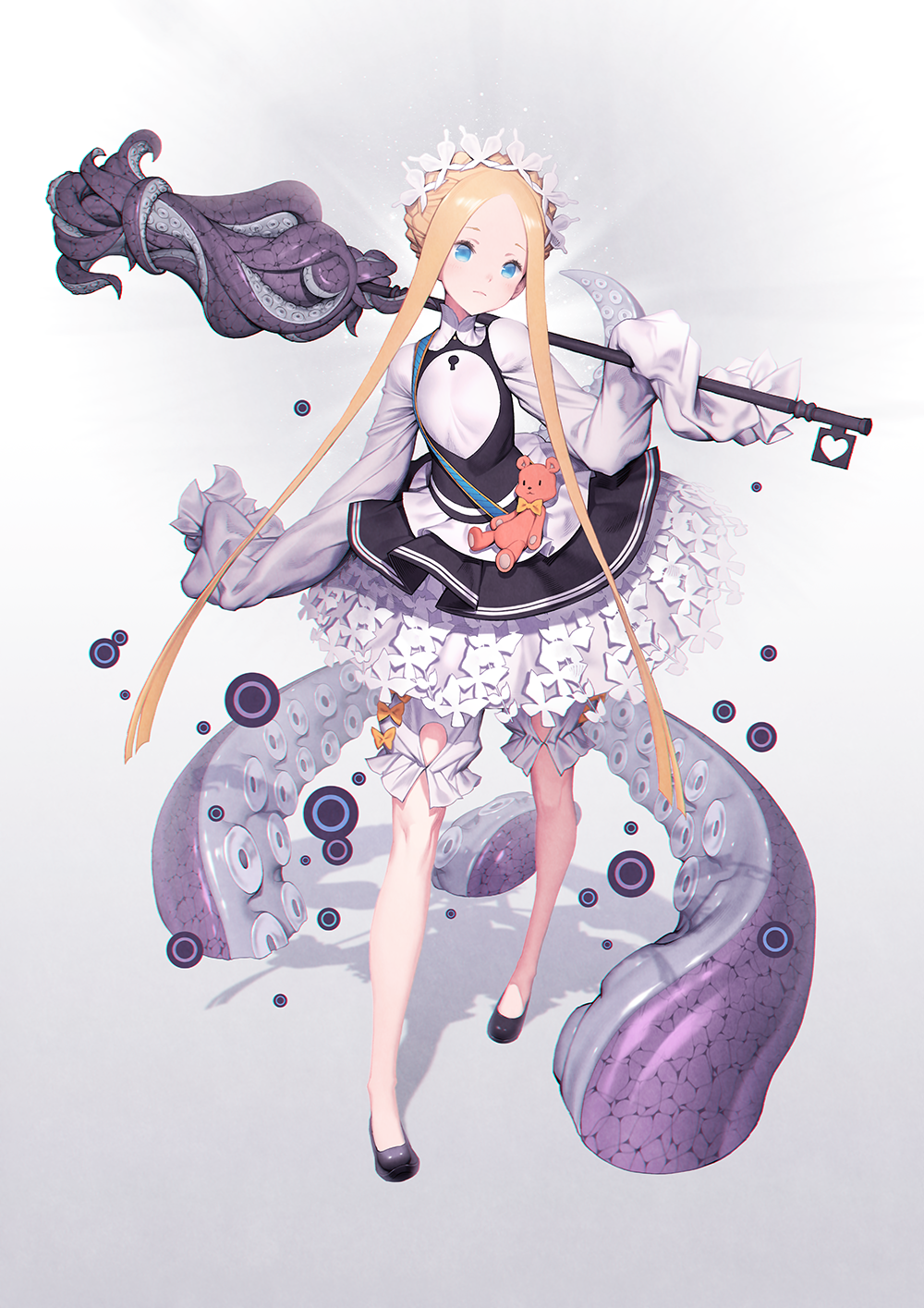 1girl abigail_williams_(fate/grand_order) alternate_costume bangs black_footwear blonde_hair blue_eyes blush bow commentary_request dress fate/grand_order fate_(series) hair_bow hair_ornament heroic_spirit_festival_outfit highres holding_key key keyhole long_hair looking_at_viewer mandrill multiple_bows orange_bow parted_bangs shoes sleeves_past_fingers sleeves_past_wrists solo stuffed_animal stuffed_toy teddy_bear white_dress