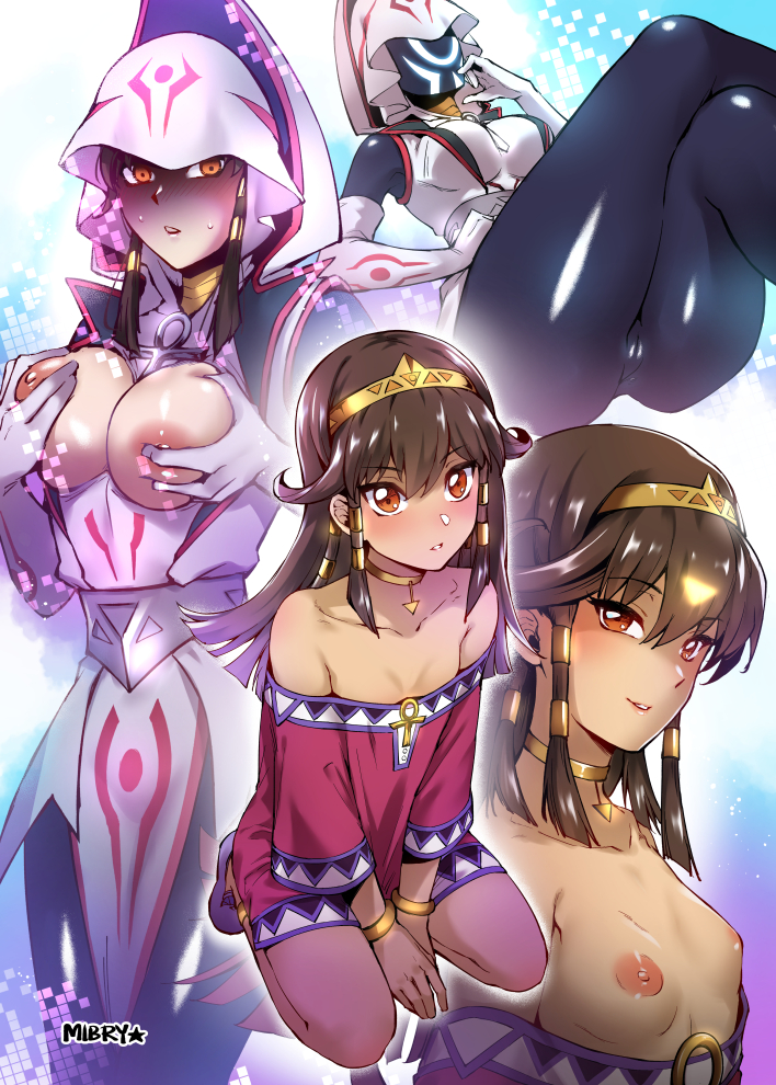 1girl ankh armlet bangs bare_shoulders blush breast_squeeze breasts breasts_outside brown_eyes cameltoe collar dark_skin dual_persona egyptian egyptian_clothes eyebrows_visible_through_hair gloves hair_between_eyes hair_ornament hands_on_own_chest hood jewelry large_breasts long_hair looking_at_viewer mask mask_removed medium_breasts mibry_(phrysm) multiple_views naughty_face necklace nipples open_mouth pantyhose parted_lips self_fondle sera sidelocks signature skin_tight small_breasts smile sweat tagme tan tiara yuu-gi-ou yuu-gi-ou_the_dark_side_of_dimensions