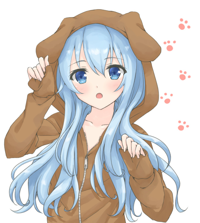 1girl :o animal_ears animal_hood arm_up bangs blue_eyes blue_hair blush brown_jacket collarbone dog_ears dog_hood eyebrows_visible_through_hair fake_animal_ears hair_between_eyes hand_up hibiki_(kantai_collection) hood hood_up hooded_jacket hoshino_kagari jacket kantai_collection long_hair long_sleeves looking_at_viewer open_mouth paw_background pinching_sleeves simple_background sleeves_past_wrists solo upper_body white_background