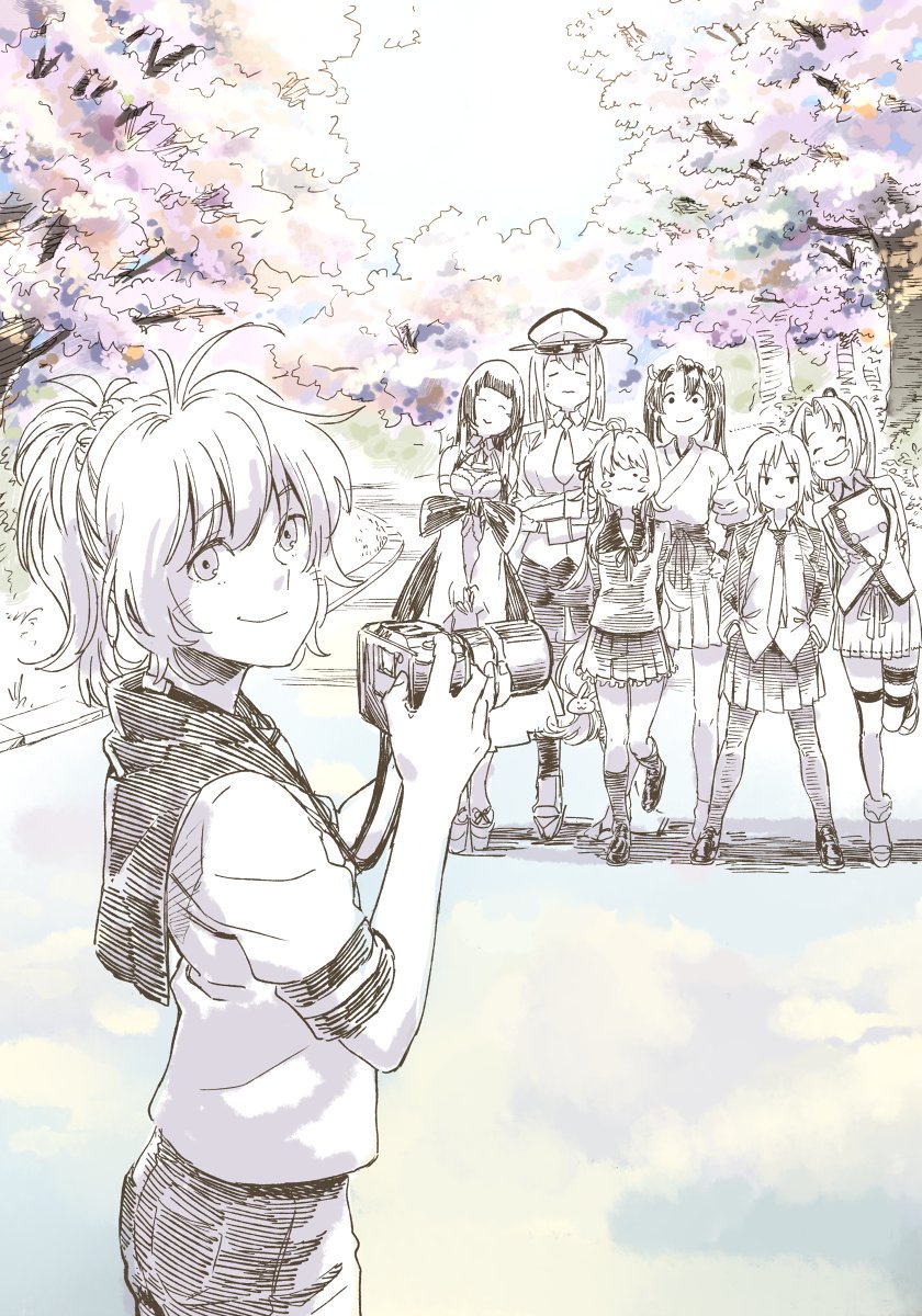 6+girls :3 akitsushima_(kantai_collection) antenna_hair aoba_(kantai_collection) bad_id bad_twitter_id blush breasts bunny_hair_ornament camera closed_eyes graf_zeppelin_(kantai_collection) greyscale hair_ornament hair_ribbon hair_scrunchie hat highres holding holding_camera japanese_clothes kantai_collection long_hair long_sleeves low-tied_long_hair military military_uniform mizuho_(kantai_collection) monochrome multiple_girls necktie open_mouth outdoors peaked_cap pleated_skirt ponytail ribbon sailor_collar school_uniform scrunchie serafuku short_hair short_sleeves shorts side_ponytail sketch skirt smile spot_color tree twintails uniform uyama_hajime uzuki_(kantai_collection) wakaba_(kantai_collection) wavy_mouth zuikaku_(kantai_collection)