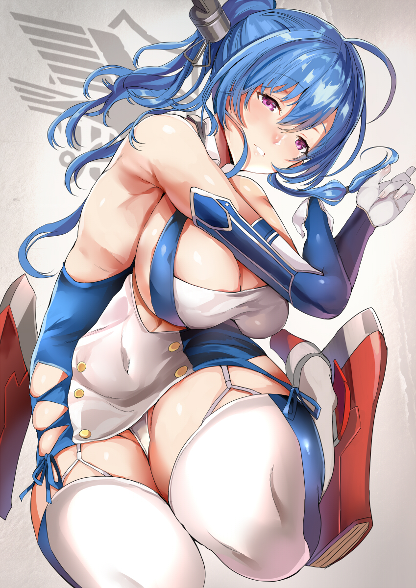 1girl ahoge argyle_cutout azur_lane bare_shoulders blue_dress blue_hair blush breasts cleavage covered_navel dress elbow_gloves garter_straps gloves hair_between_eyes hair_ornament highres himuro_(dobu_no_hotori) large_breasts long_hair looking_at_viewer panties parted_lips purple_eyes rigging short_dress sidelocks smile solo st._louis_(azur_lane) taut_clothes taut_dress two-tone_dress underboob_cutout underwear white_dress white_gloves white_legwear white_panties
