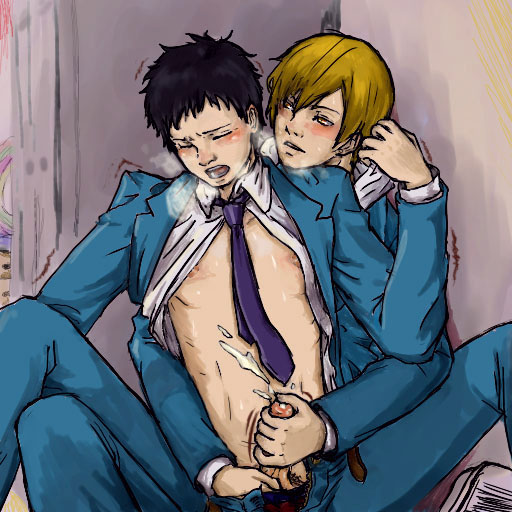 ball_squeeze black_hair blonde_hair blush clothed_male_nude_male cmnm cum durarara!! glansjob handjob hood hoodie insertion kida_masaomi male male_focus male_only multiple_boys necktie object_insertion open_clothes open_shirt penis reach-around reach_around ryuugamine_mikado school school_uniform schoolboy shirt spread_legs squeezing_testicles student trembling uncensored undressing unzipped urethral_fingering urethral_insertion yaoi