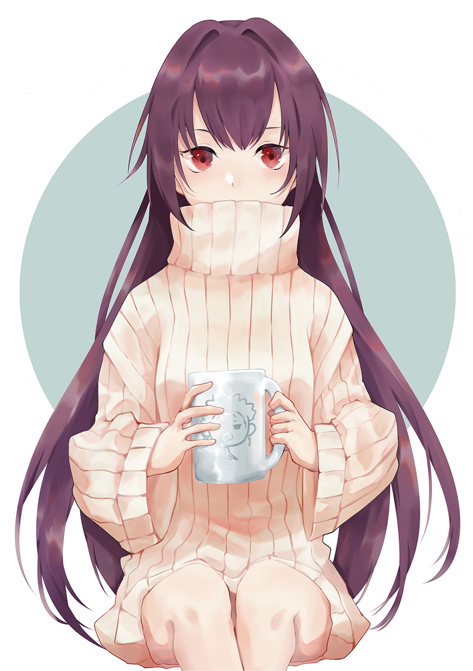 1girl breasts coffee_mug covered_mouth cup fate/grand_order fate_(series) hair_intakes highres holding holding_cup karen_ngao knees legs_together long_hair long_sleeves looking_at_viewer medium_breasts mug purple_hair red_eyes ribbed_sweater scathach_(fate)_(all) scathach_(fate/grand_order) sitting solo sweater teal_background turtleneck turtleneck_sweater white_background wide_sleeves