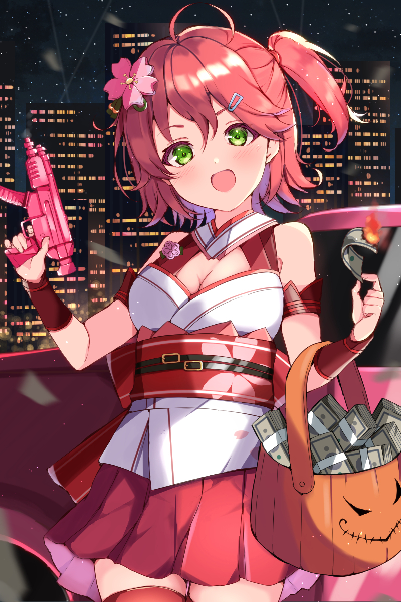 1girl ahoge armband bangs bare_shoulders belt belt_buckle blush breasts brooch buckle building burning car cherry_blossom_print cherry_blossoms cleavage cleavage_cutout detached_sleeves flower green_eyes ground_vehicle gun hair_between_eyes hair_flower hair_ornament hairclip halloween_basket highres holding holding_gun holding_money holding_weapon hololive jewelry looking_at_viewer medium_breasts medium_hair mi_taro333 miniskirt money motor_vehicle night night_sky nontraditional_miko one_side_up open_mouth outdoors pink_hair pink_legwear pink_skirt sakura_miko skirt sky solo star_(sky) thighhighs virtual_youtuber weapon zettai_ryouiki