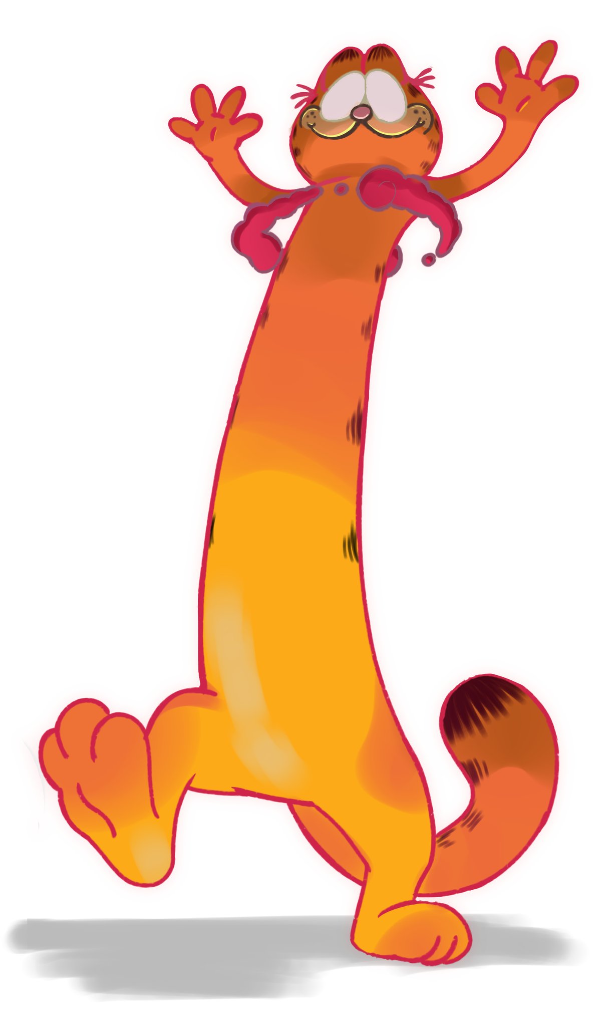 arms_up blank_eyes cat cat_tail clarissa_arts commentary foreshortening garfield garfield_(character) gen_1_pokemon gigantamax gigantamax_meowth highres meowth no_humans no_pupils parody pink_nose pokemon pokemon_(creature) pokemon_(game) pokemon_swsh shadow simple_background solo tail white_background