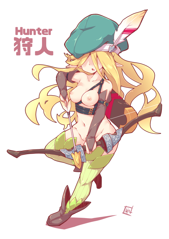 1girl arrow beret blonde_hair boots bow_(weapon) breasts bridal_gauntlets brown_footwear facing_viewer full_body green_headwear green_legwear groin hair_over_eyes hat hat_feather holding holding_arrow holding_bow_(weapon) holding_weapon long_hair medium_breasts navel nipples nude original parted_lips pointy_ears reku ribbed_legwear shadow signature solo standing standing_on_one_leg thighhighs very_long_hair weapon white_background