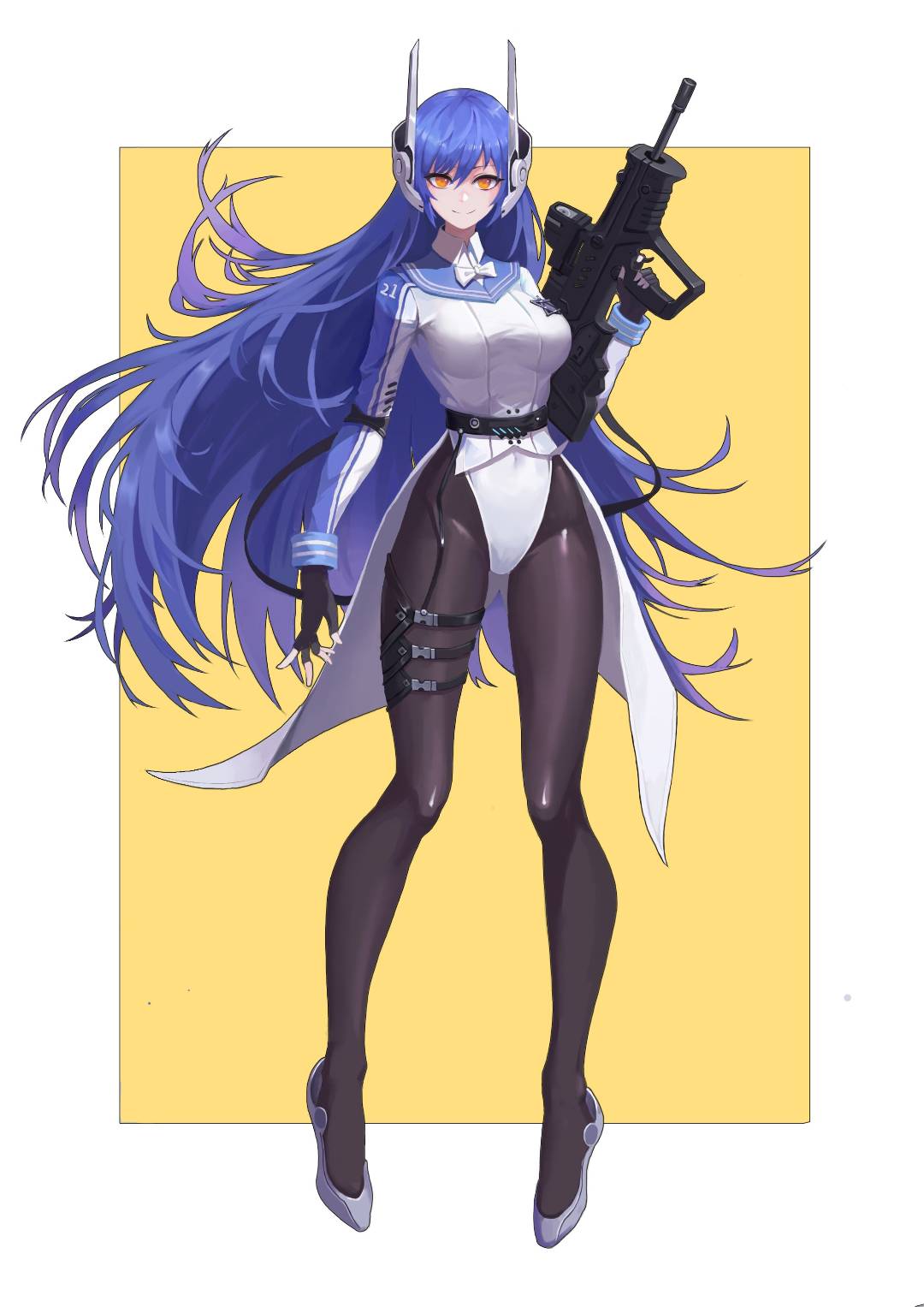 1girl assault_rifle belt black_gloves black_legwear blue_hair border breasts brown_legwear bullpup eyebrows_behind_hair fingerless_gloves floating_headgear girls_frontline gloves gun hexagram highres imi_tavor_tar-21 jacket leotard leotard_under_clothes long_hair long_sleeves looking_at_viewer mecha_musume medium_breasts orange_eyes pantyhose personification rifle robot_ears shoes solo standing star_of_david tailcoat tar-21_(girls_frontline) very_long_hair weapon white_border white_footwear white_leotard wristband yellow_background yellow_eyes zwc1271750321