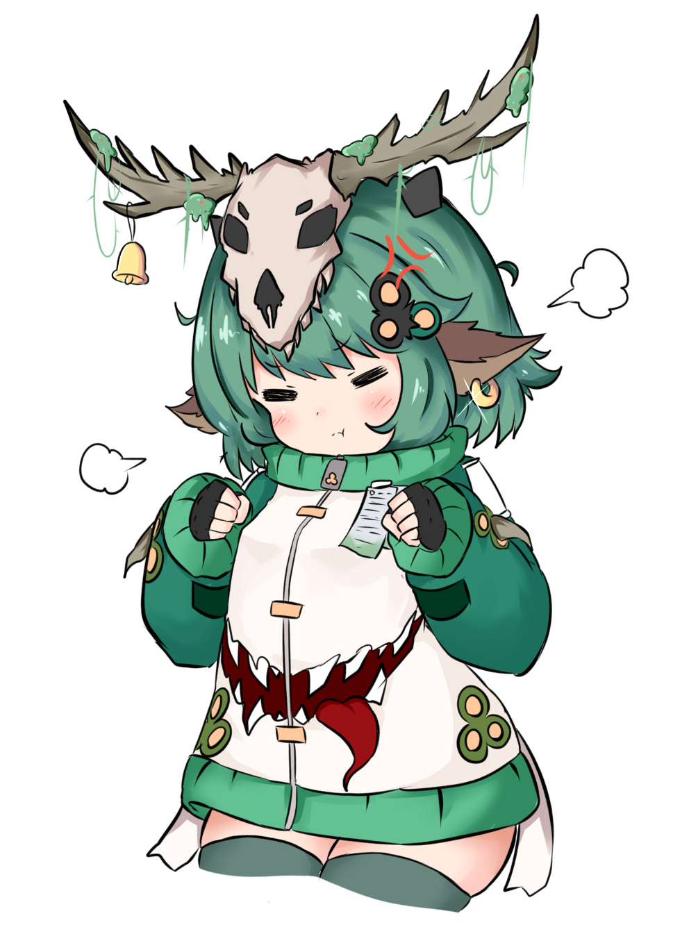 1girl :t =_= animal_ears antlers bailingxiao_jiu bangs bell black_gloves blush closed_eyes closed_mouth cowboy_shot cropped_legs ear_piercing eyebrows_visible_through_hair fingerless_gloves glint gloves green_hair green_legwear hair_ornament hands_up highres horns jacket long_sleeves original piercing pout puffy_long_sleeves puffy_sleeves simple_background skull_hat sleeves_past_wrists solo thighhighs white_background white_jacket