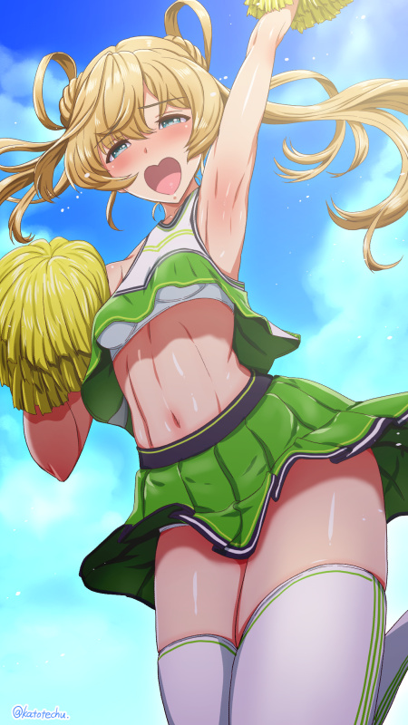 1girl :d abukuma_(kantai_collection) arm_up bangs blonde_hair blue_sky blush breasts cheerleader cloud eyebrows_visible_through_hair kantai_collection katou_techu looking_at_viewer midriff navel open_mouth pleated_skirt pom_poms skirt sky sleeveless smile solo sweat thighhighs twintails white_legwear