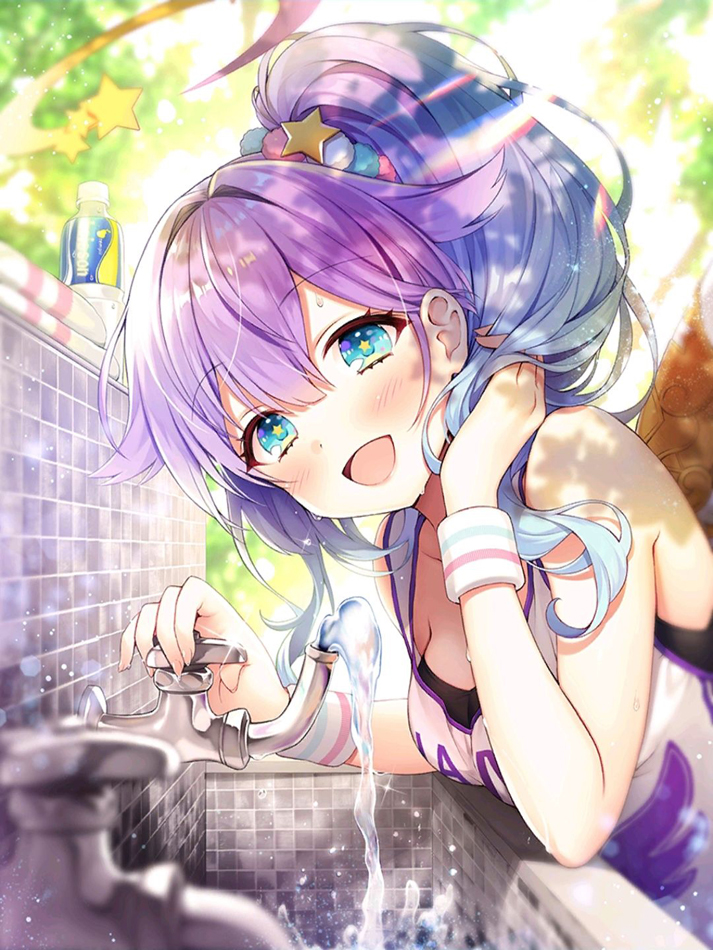 1girl :d bare_shoulders blue_eyes blurry blush bottle breasts byulzzimon collarbone day depth_of_field faucet hair_ornament hand_up jersey long_hair looking_at_viewer luka_(shironeko_project) medium_breasts open_mouth outdoors pom_pom_(clothes) ponytail purple_hair shironeko_project shirt sleeveless sleeveless_shirt smile solo star star-shaped_pupils sunlight sweat sweatband symbol-shaped_pupils undershirt water water_bottle white_shirt