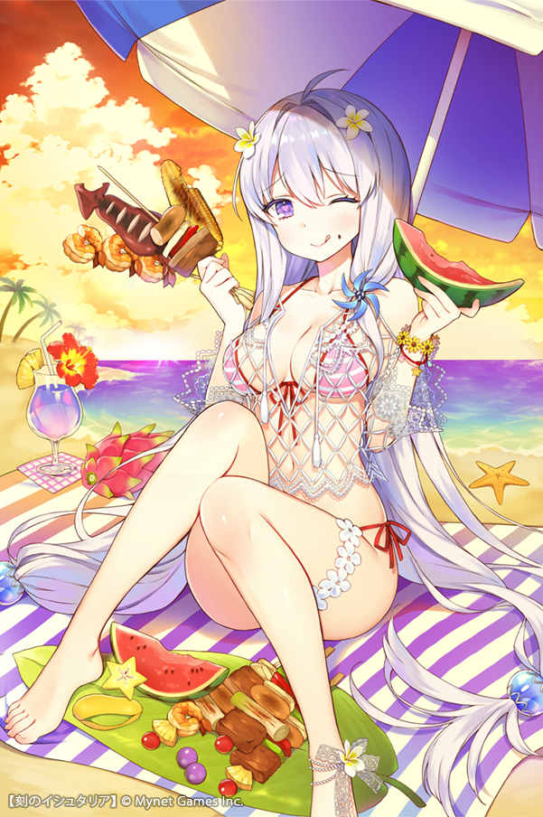 1girl ;q age_of_ishtaria ahoge bare_legs bare_shoulders barefoot beach beach_mat beach_umbrella bikini breasts byulzzimon cleavage cloud collarbone dragon_fruit fishnet_top fishnets flower flower_anklet flower_bracelet food front-tie_bikini front-tie_top hair_bobbles hair_flower hair_ornament hands_up heart heart-shaped_pupils hibiscus holding holding_food horizon hurricane_glass kebab knees_up large_breasts long_hair looking_at_viewer navel ocean official_art one_eye_closed orange_sky outdoors palm_tree pink_bikini purple_eyes side-tie_bikini sitting sky solo starfish striped striped_bikini sunset swimsuit symbol-shaped_pupils tongue tongue_out tree tropical_drink umbrella very_long_hair watermelon_seeds white_hair